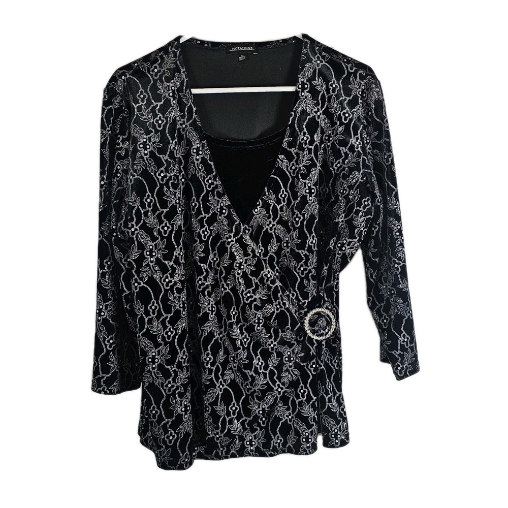 Notations Ladies Black Velvet Cross Over Silver Glitter Blouse Size XL 3/4 Sleev